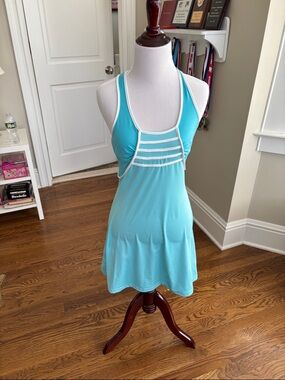 Aqua Blue Racerback Mini Dress with White Trim